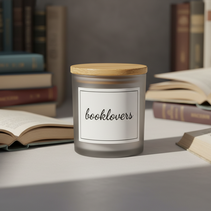 Candle labeled 'booklovers' on a surface with books and glasses in the background