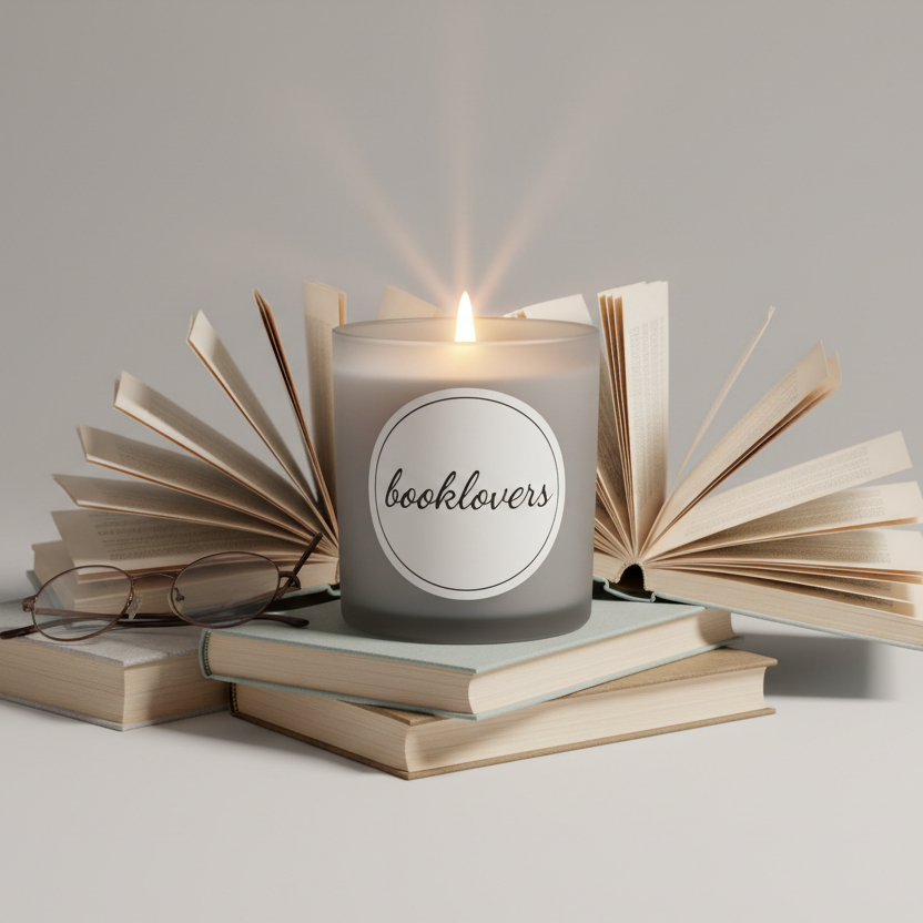 Candle labeled 'booklovers' on open books with a soft light on a neutral background