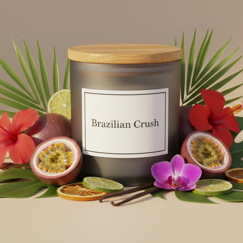Candle labeled 'Brazilian Crush' surrounded by tropical fruits and flowers on a neutral background