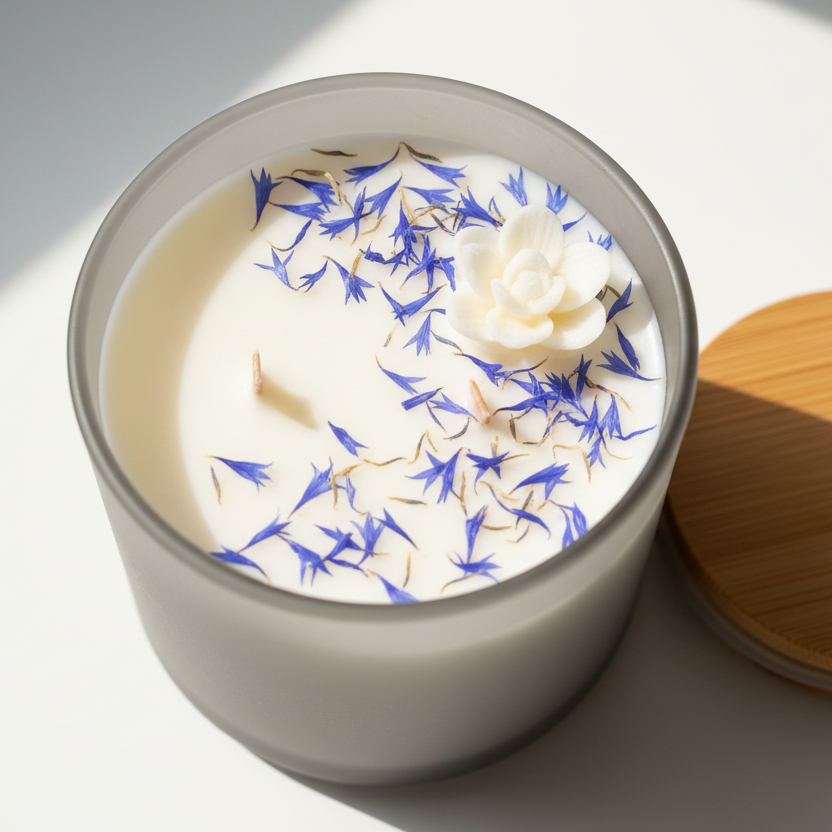 Candle with decorative elements on a white surface