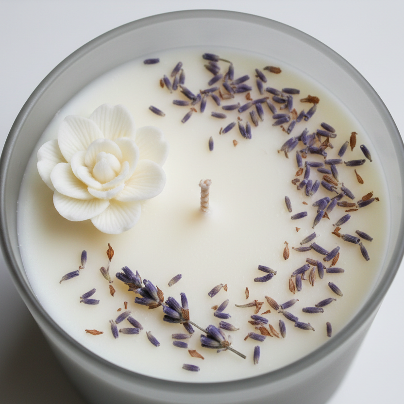 Candle with lavender flowers and a white flower-shaped decoration on a light background