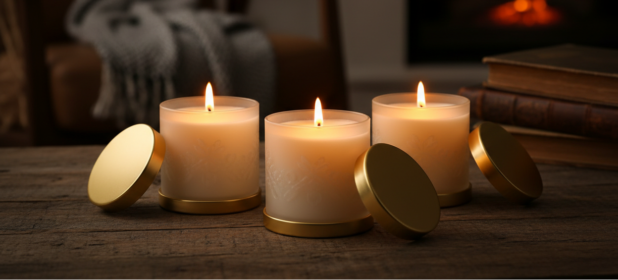 Candles on a wooden surface with a cozy fireplace in the background
